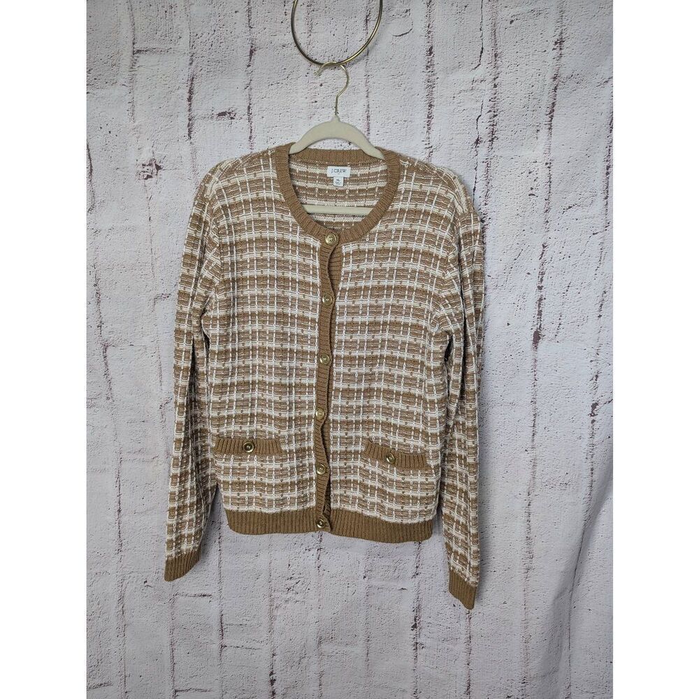 J. Crew Tweed Lady Tan Cardigan Sweater w Pockets Gold Tone Buttons Sz XL